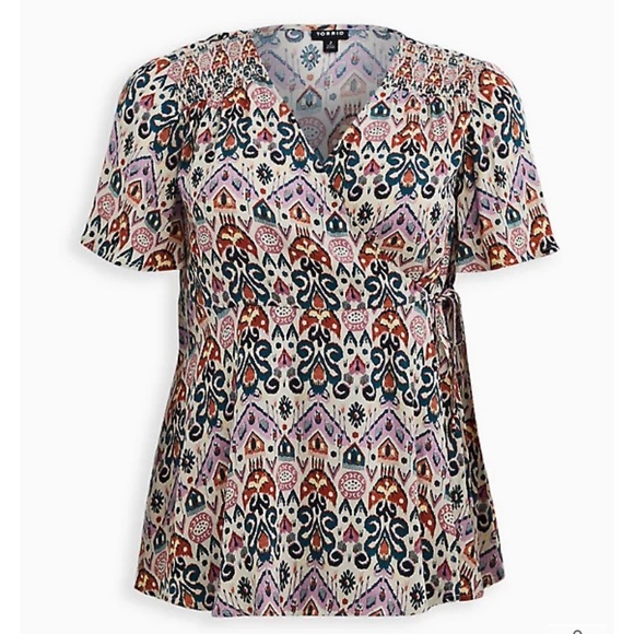 Excellent Condition torrid Smocked Wrap Blouse, ikat print, Size 1 - 14/16 - Picture 2 of 6